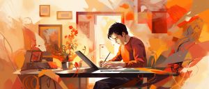 colourful illustration of student writing at a table
