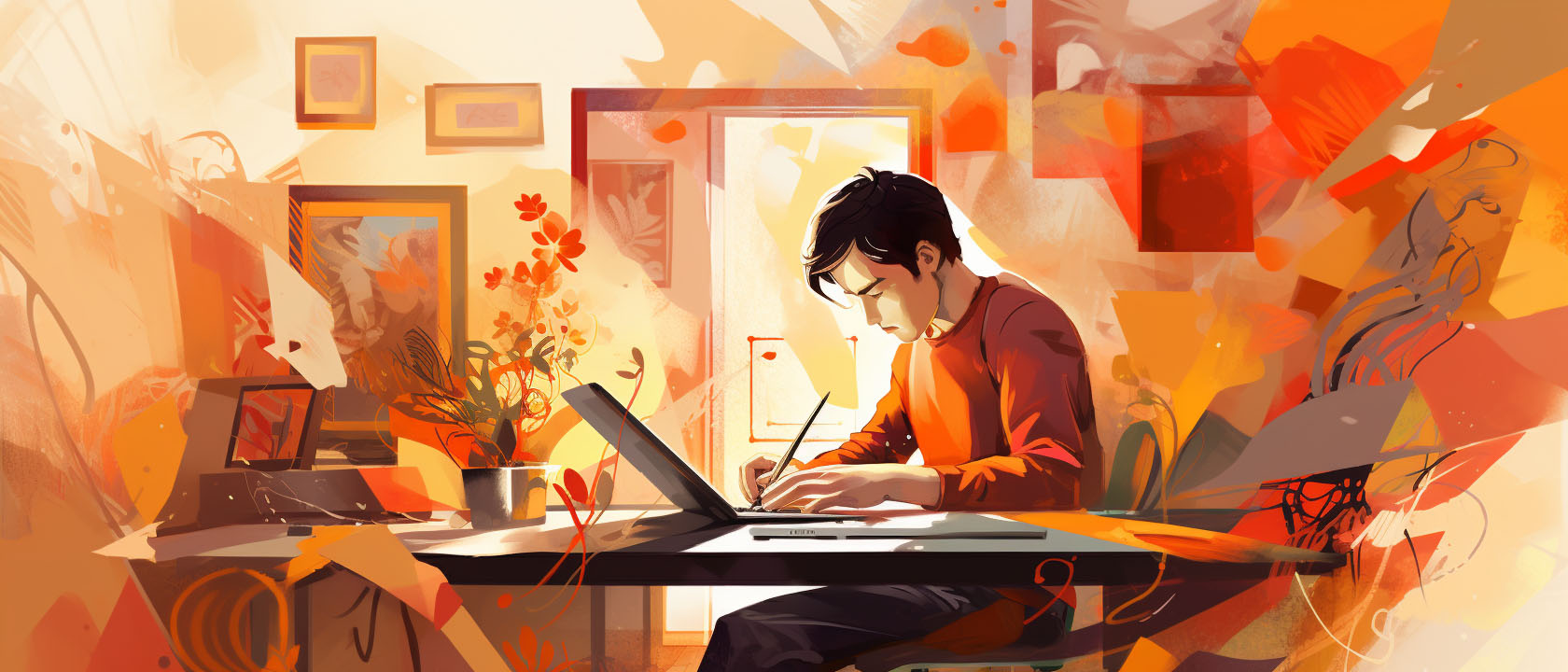 colourful illustration of student writing at a table