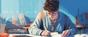 student writing at a desk