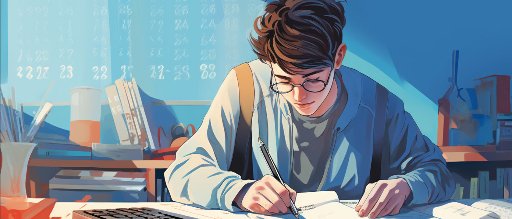 student writing at a desk