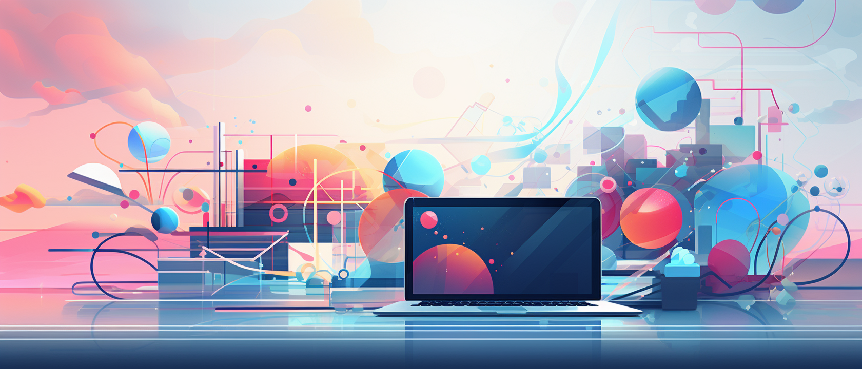 laptop surrounded by circular shapes