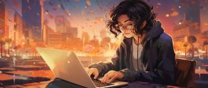 student typing on her laptop