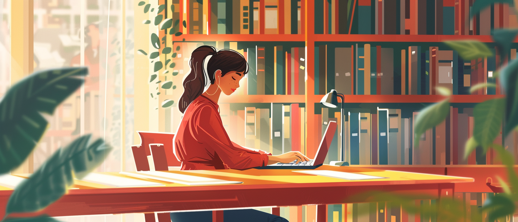student typing at her laptop