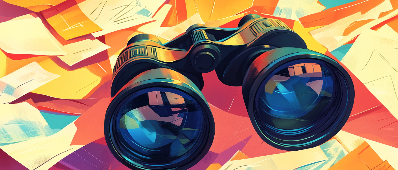 binoculars surrounded by piece of papers